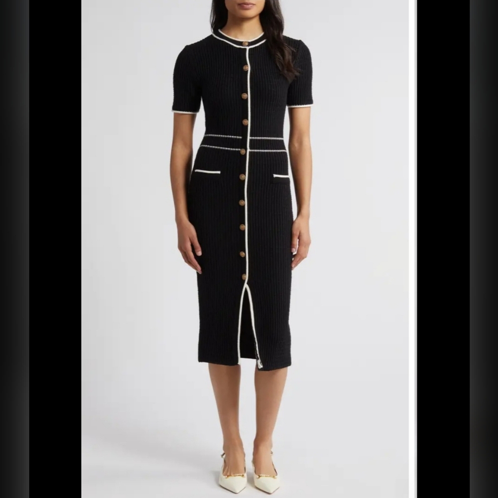 Zoe And Claire Women's Black Tipped Button Front Midi Swater Dress